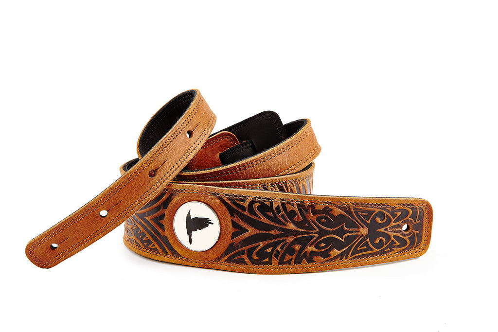 Wolf cognac leather guitar strap - The Raven Works