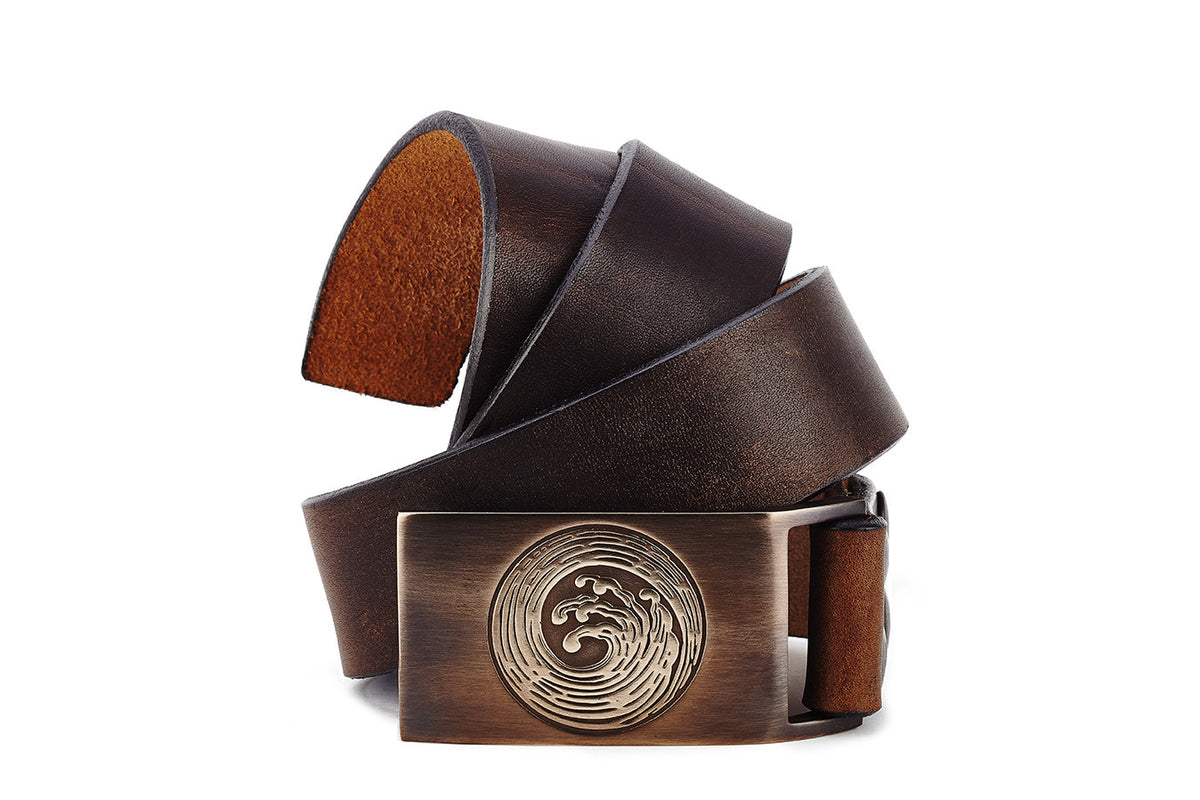 Bronze Wave Belt Buckle with Black or Brown Leather Belt