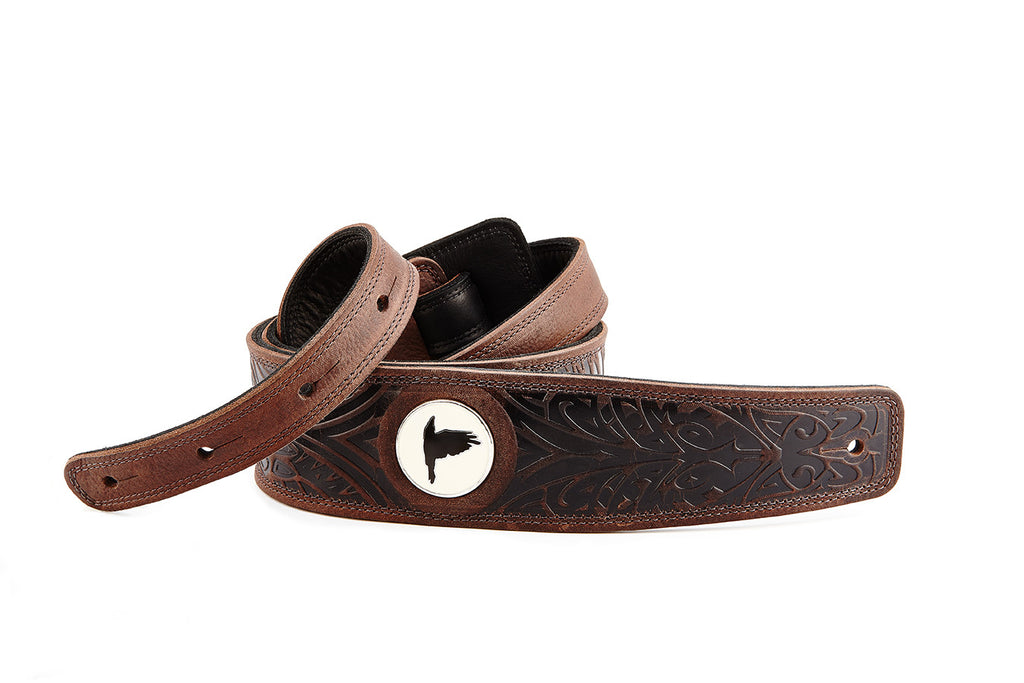 Wolf brown leather guitar strap - The Raven Works