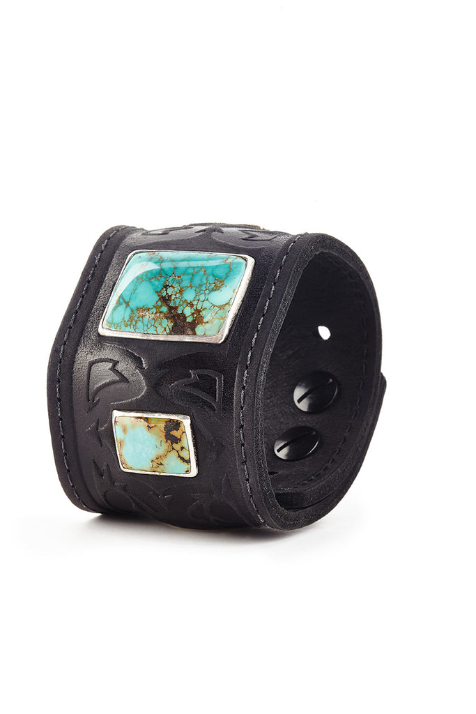 Warrior Black Leather Cuff with Turquoise by Joshua B. C. Hoy
