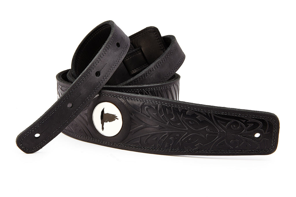 Wolf black leather guitar strap - The Raven Works